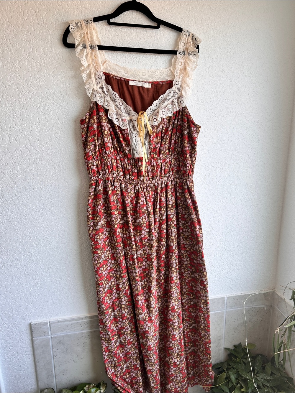 Christy Dawn Lysandra dress Red Floral Maxi Dress with Cream Lace